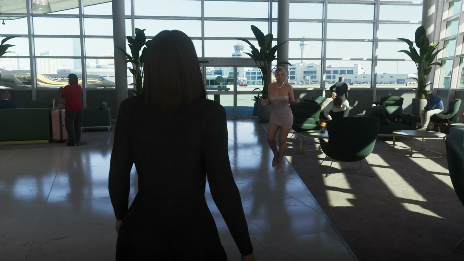 Terminal d'aéroport de GTA 6 avec tour de contrôle et jets visibles à travers les baies vitrées