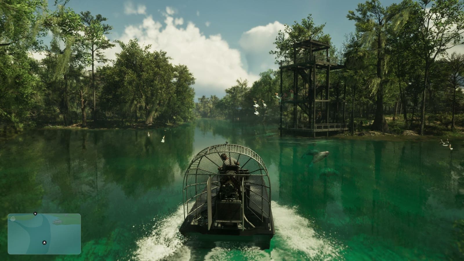 Hydroglisseur avec mini-carte, tour sur pilotis et faune aquatique dans les marais de GTA 6