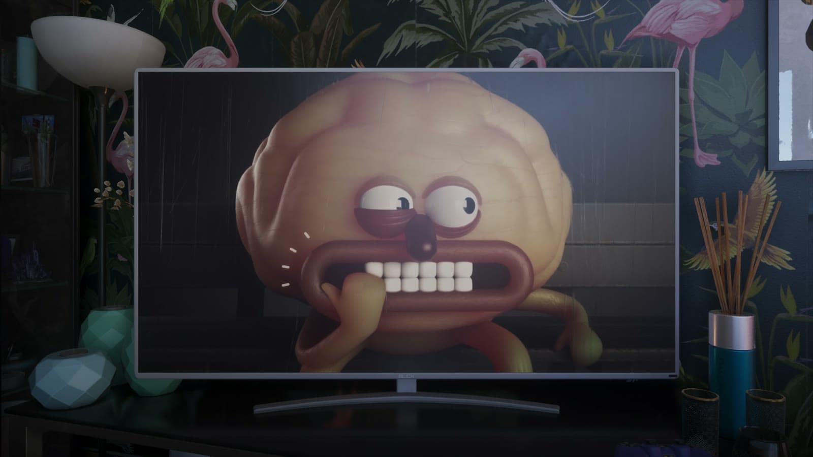 Cerveau animé dans la publicité Angstipan affichée sur la télévision de la planque