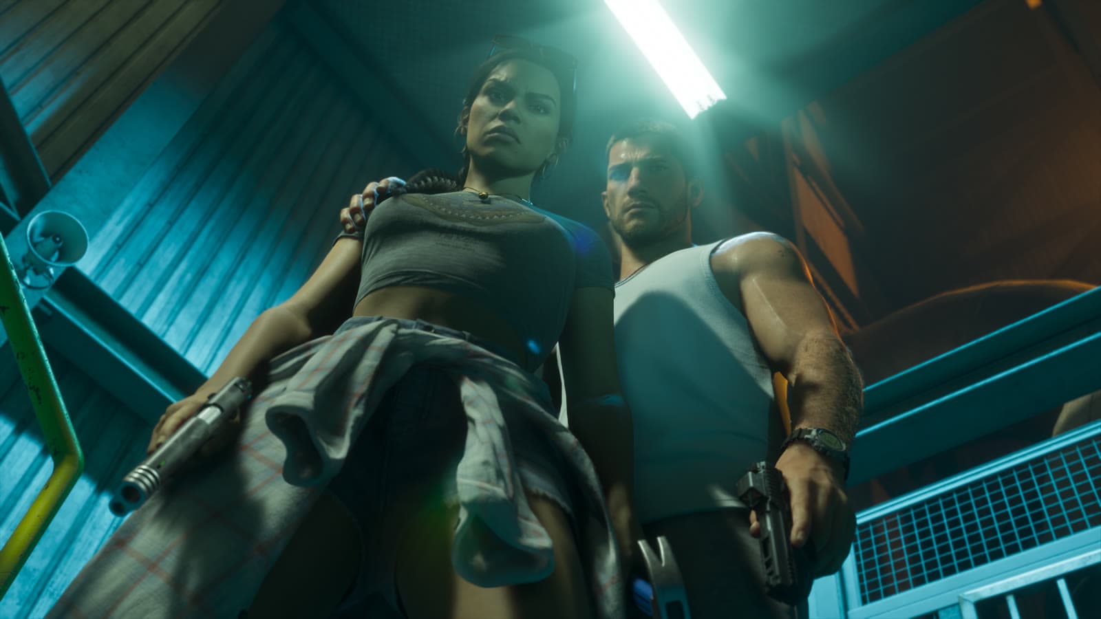 Jason et Lucia dans une scène du clip officiel GTA VI