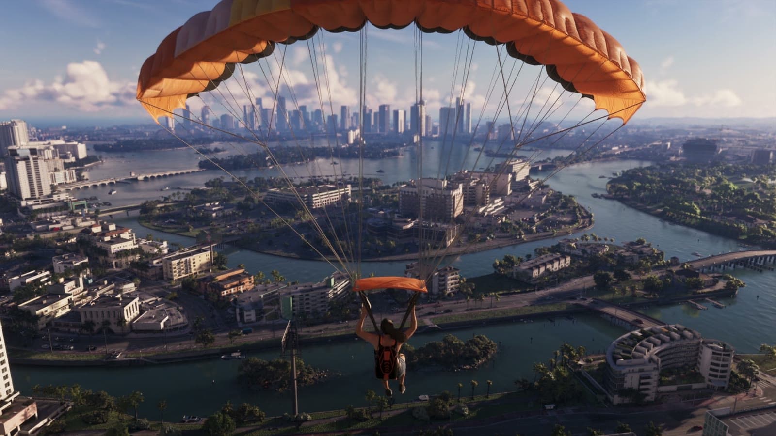 Canaux, îlots et ponts de Vice City vus depuis un parachute dans GTA VI